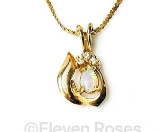Vintage 14k Gold Opal Diamond Pendant