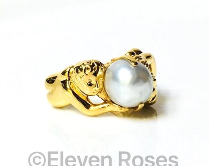 Large Art Nouveau 585 14k Gold Figural Cherub Pearl Ring