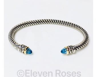 Vintage Alisa 925 Sterling Silver & 750 18k Gold Blue Topaz Cable Cuff Bracelet