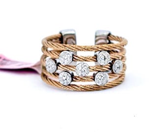 Five Row Gold Steel Cable Diamond Cuff Ring