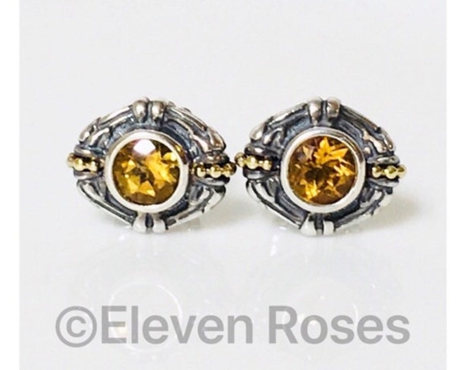 Lagos Caviar Citrine Stud Earrings 925 Sterling Silver 750 18k Gold Free US Shipping