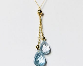 14k Gold Blue Topaz Briolette Dangle Drop Necklace