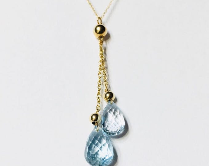 14k Gold Blue Topaz Briolette Dangle Drop Necklace