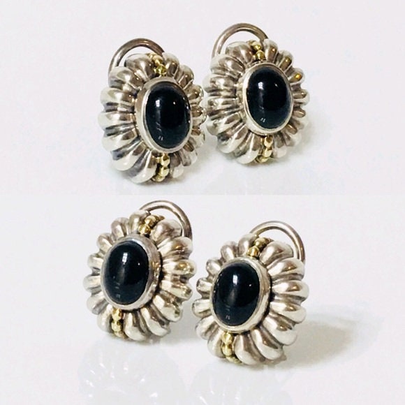 Vintage Lagos Caviar Black Onyx Earrings 925 Sterling Silver 750 18k ...