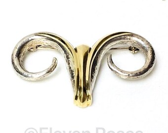 Vintage European Large Ram Head Brooch 925 Sterling Silver 585 14k Gold