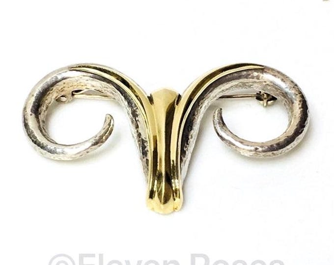Vintage European Large Ram Head Brooch 925 Sterling Silver 585 14k Gold