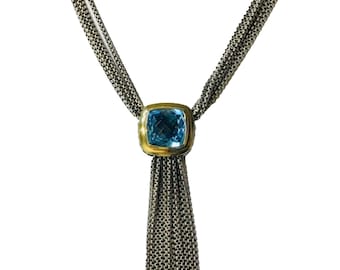 Yurman Blue Topaz Tassel Drop Multi Chain Lariat Necklace Sterling Silver 18k Gold