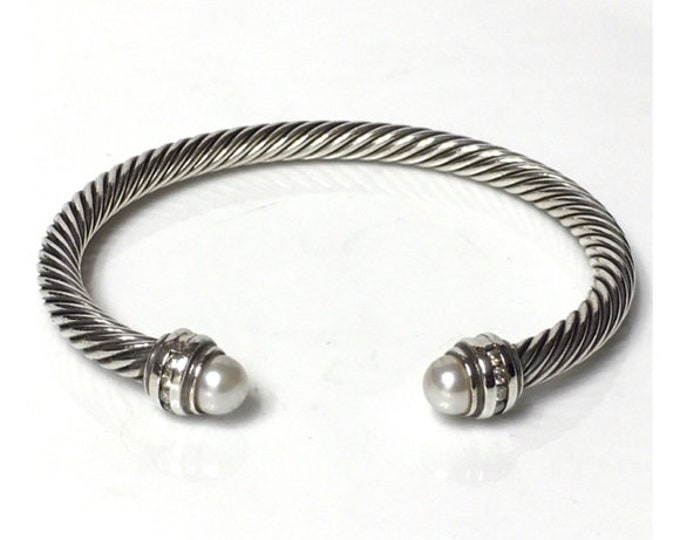 Yurman Pearl Diamond Cable Cuff Bracelet DY 925 Sterling Silver