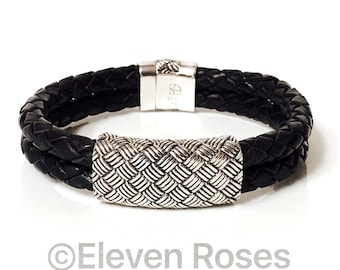 Sterling Silver Woven Black Leather Bracelet