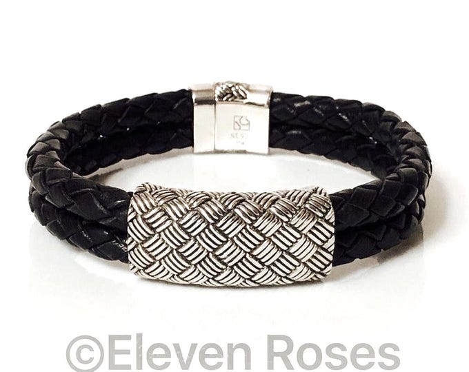 Sterling Silver Woven Black Leather Bracelet