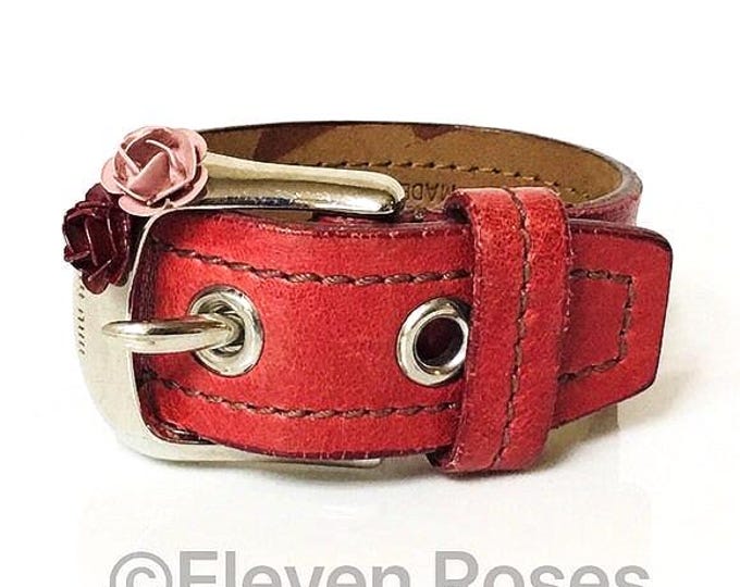 Miu Miu Red Leather Enamel Flower Buckle Bracelet
