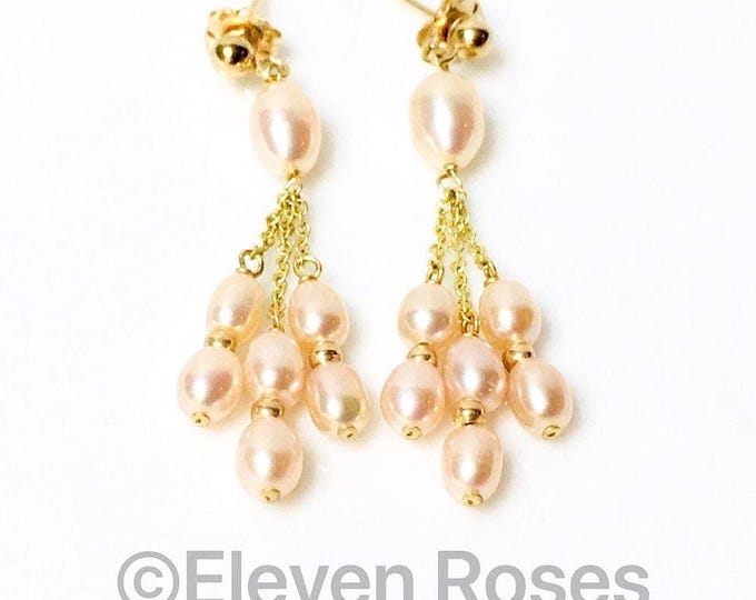 14k Gold Pearl Chain Triple Drop Dangle Earrings