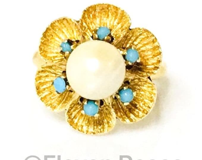 Vintage 18k Gold Turquoise Pearl Statement Ring