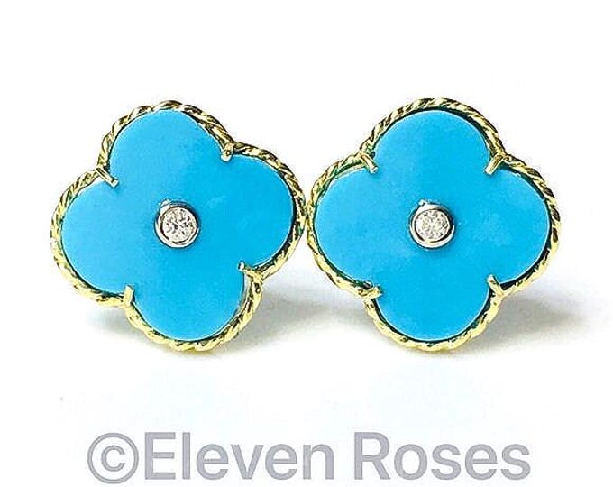 Vintage Designer MAZ 750 18k Gold Turquoise Diamond Clover Earrings