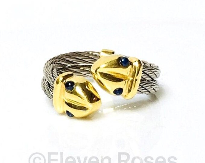ALOR 18k Gold Steel Cable Double Snake Ring Blue Sapphire Eyes
