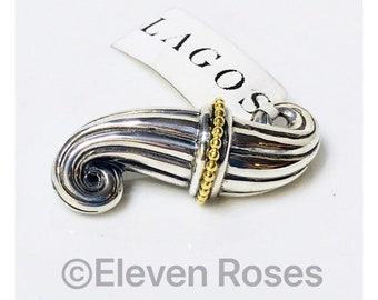 Lagos Caviar Classic Fluted Brooch NWT NOS 925 Sterling Silver 750 18k Gold Free US Shipping