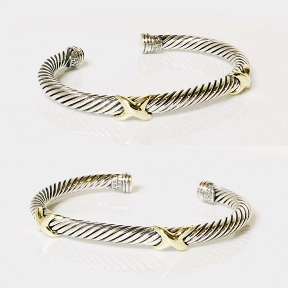 David Yurman Classic Cable Double X Cuff Bracelet 925 Sterling Silver & 585 14k Gold Free US