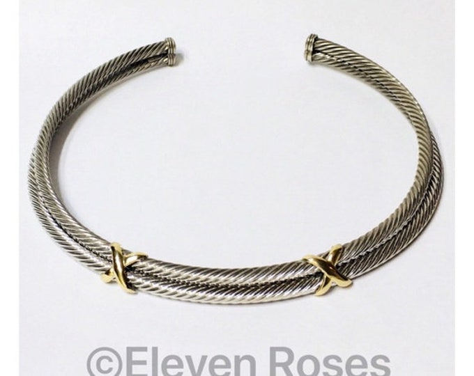 Double X Station Cable Cuff Choker Necklace DY 925 Sterling Silver 585 14k Gold Free US Shipping