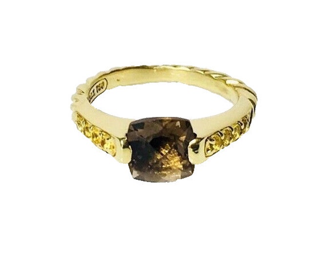 Yurman Smoky Quartz Sapphire Deco Ring Solid 750 18k Gold Free US Shipping