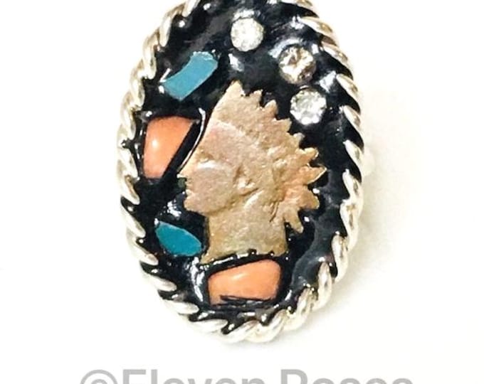 Diamond Turquoise Indian Head Ring 925 Sterling Silver