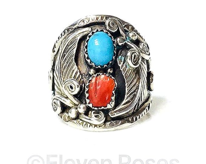 Vintage Navajo John Delvin Turquoise Red Coral Ring 925 Sterling Silver