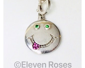 Smiley Face Emoji Diamond Pink Sapphire & Tsavorite Necklace 925 Sterling Silver Free US Shipping
