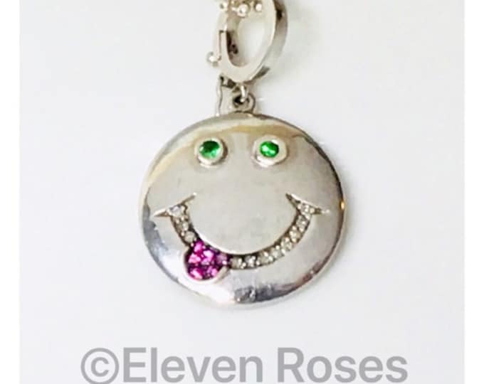 Smiley Face Emoji Diamond Pink Sapphire & Tsavorite Necklace 925 Sterling Silver Free US Shipping