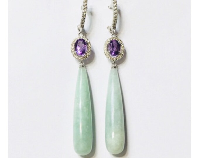 Green Jade Amethyst White Topaz Dangle Drop Earrings 925 Sterling Silver Free US Shipping