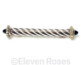 ALS Italy Renaissance Cable Bar Pin Brooch Sterling Silver 18k Gold Black Onyx