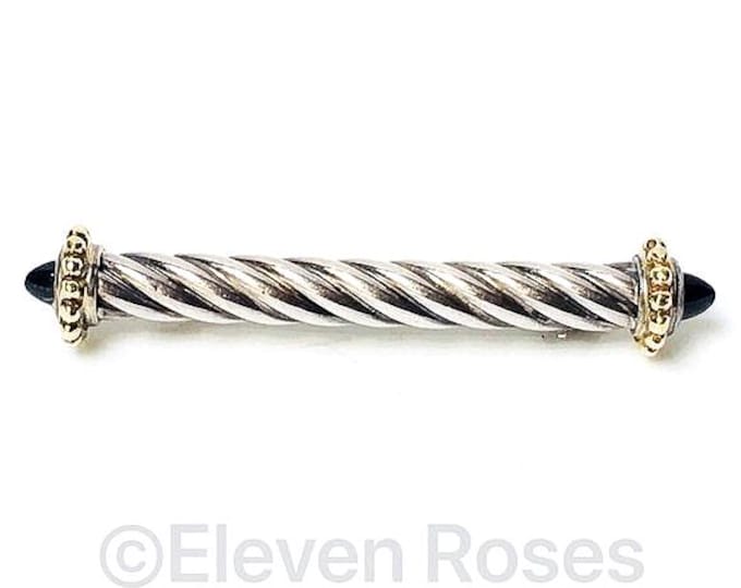 ALS Italy Renaissance Cable Bar Pin Brooch Sterling Silver 18k Gold Black Onyx