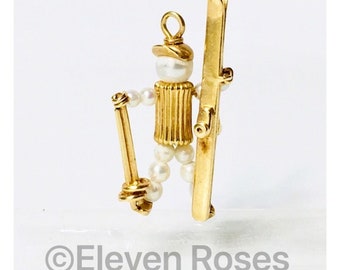 Large Solid 585 14k Gold & Pearl Ski Figure Pendant Free US Shipping