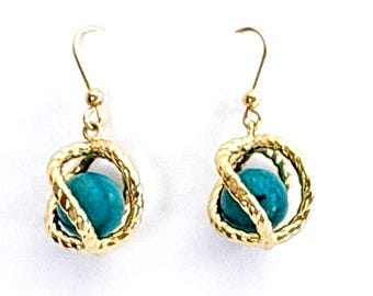 14k Gold Caged Turquoise Dangle Drop Earrings