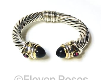 Sterling Silver and 18k Onyx Garnet Cable Cuff Torc Bracelet