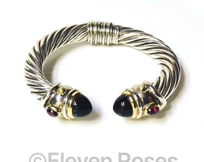 Sterling Silver and 18k Onyx Garnet Cable Cuff Torc Bracelet