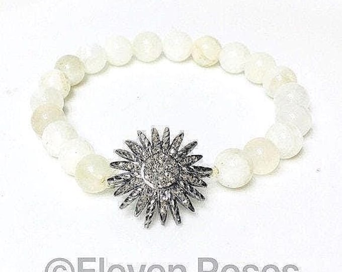 Diamond Agate Starburst Cable Bangle Bead Bracelet 925 Sterling Silver