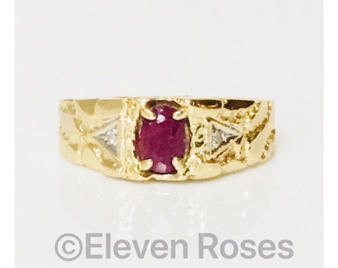 Vintage 10k Gold Ruby & Diamond Nugget Ring Free US Shipping