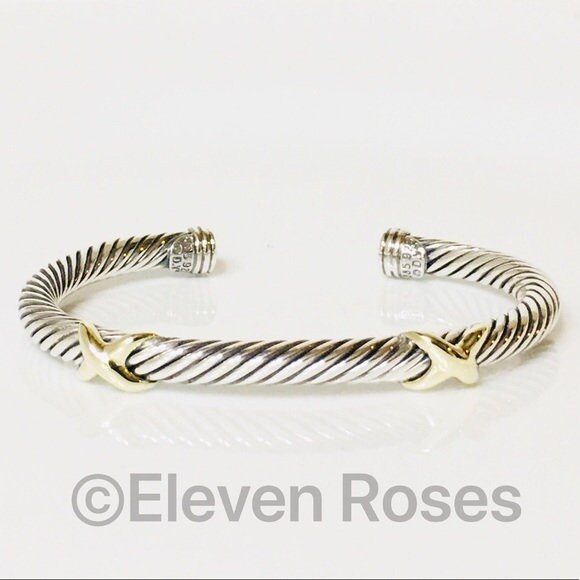 David Yurman Classic Cable Double X Cuff Bracelet 925 Sterling Silver & 585 14k Gold Free US