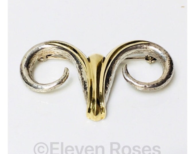 Vintage European Large Ram Head Brooch 925 Sterling Silver 585 14k Yellow Gold Free US Shipping