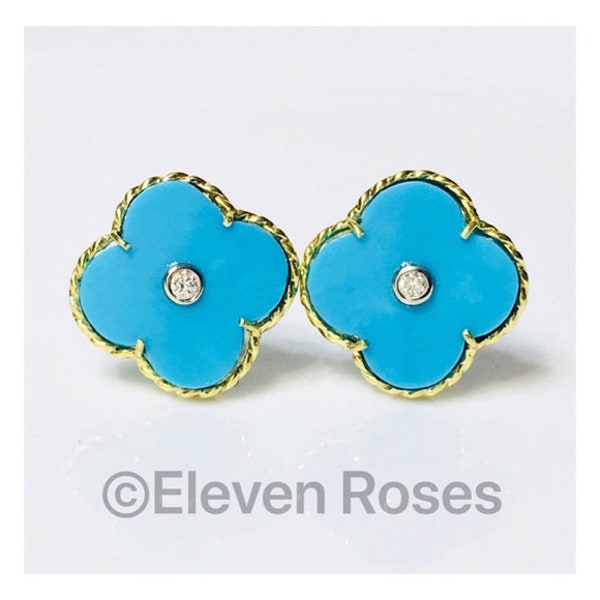 Vintage MAZ 750 18k Gold Turquoise Diamond Clover Designer Earrings