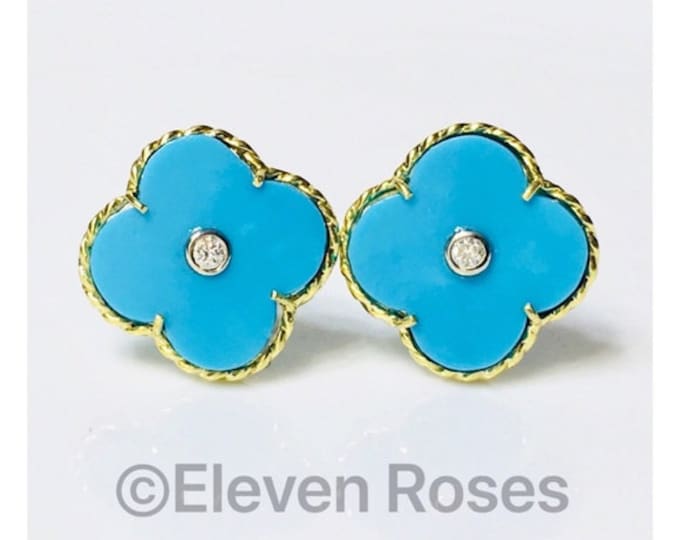 Vintage MAZ 750 18k Gold Turquoise Diamond Clover Designer Earrings