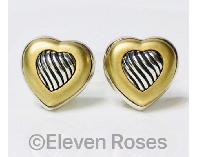 David Yurman 925 Sterling Silver 750 18k Yellow Gold Classic Carved Cable Heart Earrings Free US Shipping