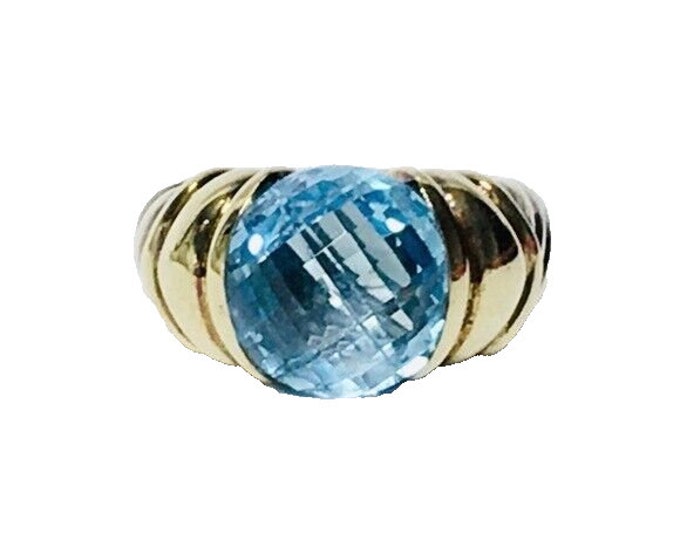 Vintage Yurman Large Blue Topaz Capri Ring Two Tone 925 Sterling Silver & 585 14k Gold