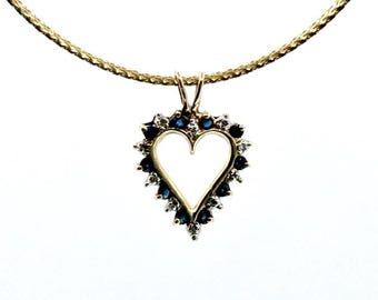 Vintage 10k Gold Blue Sapphire Diamond Heart Pendant