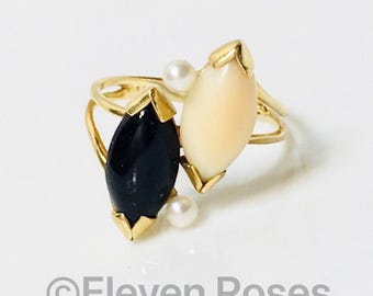 Vintage 14k Gold Angel Skin Black Coral Pearl Ring