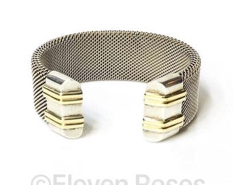 Designer Industrial Wide Heavy Mesh Screw Cuff Bracelet 925 Sterling Silver  750 18k Gold