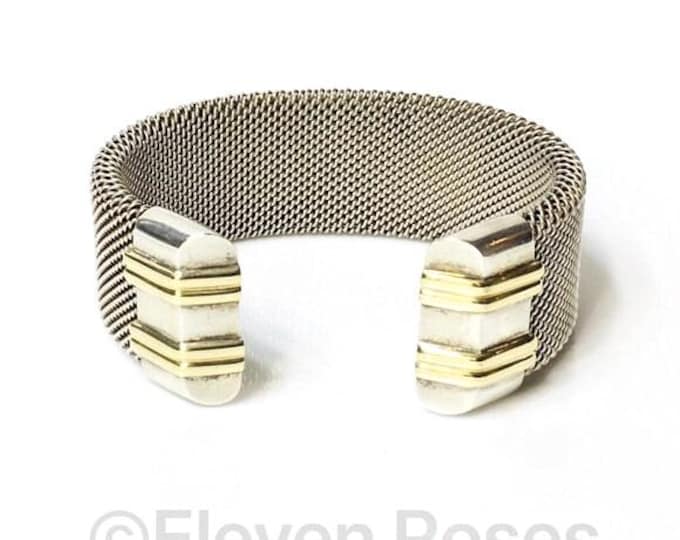 Designer Industrial Wide Heavy Mesh Screw Cuff Bracelet 925 Sterling Silver  750 18k Gold