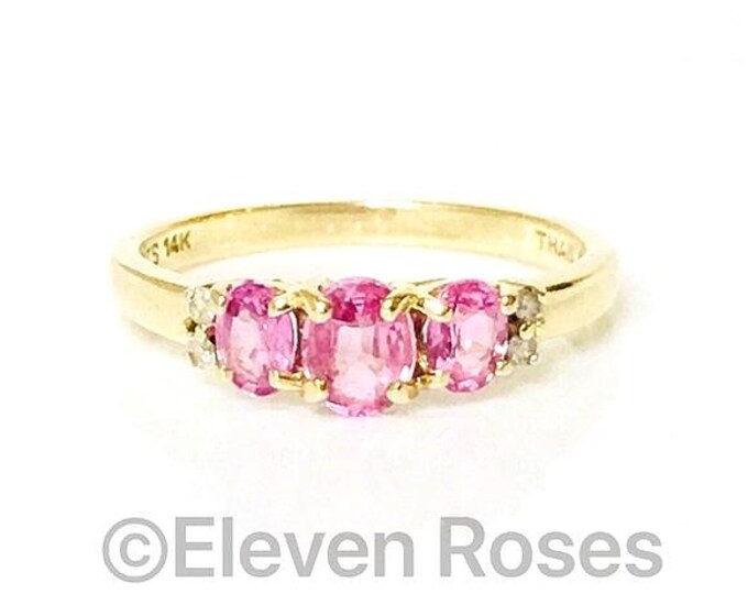 14k Gold Pink Sapphire Diamond Three Stone Anniversary Band Ring