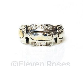 Two Tone Hammered Design Ring 925 Sterling Silver 750 18k Gold