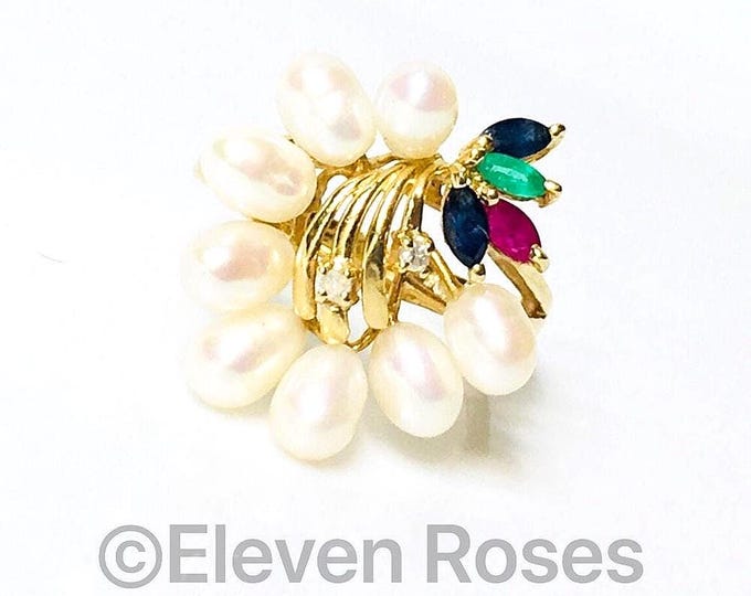 14k Gold Pearl Diamond Multi Gemstone Cocktail Ring
