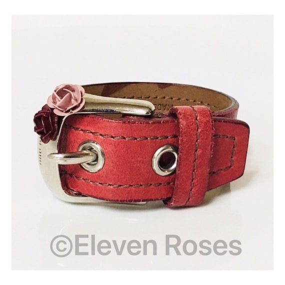 Miu Miu Red Leather Enamel Flower Buckle Bracelet Free US